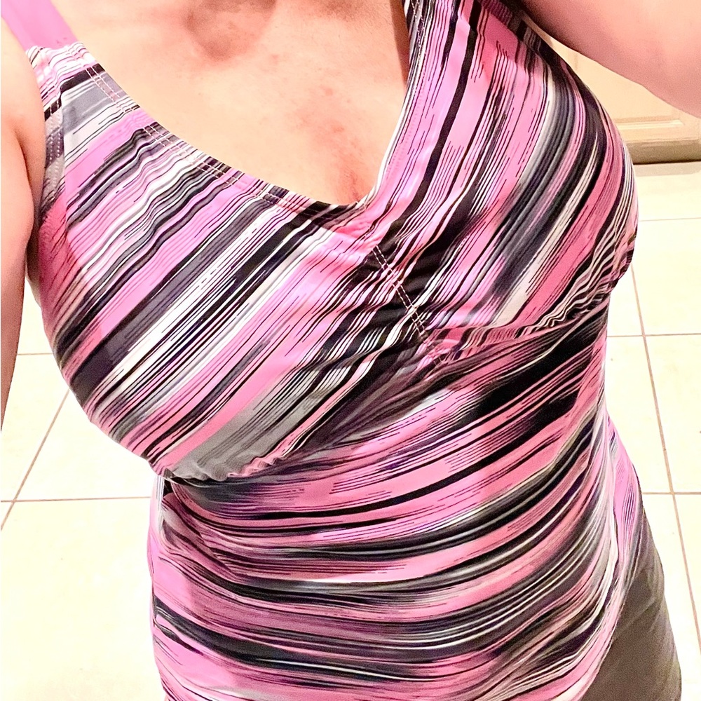 Pink, Black, Gray, white swimming costume top.